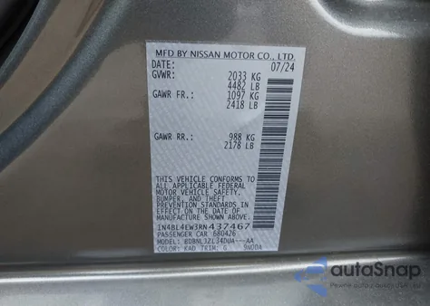 2024 Nissan Altima Sl Intelligent Awd z USA, uszkodzony, nr VIN 1N4BL4EW3RN437467